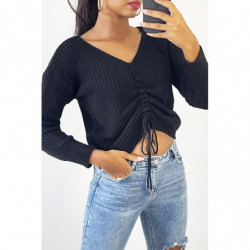 Pull noir col V avec lacet réglable à l'avant