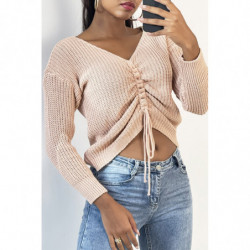 Pull rose col V avec lacet réglable à l'avant