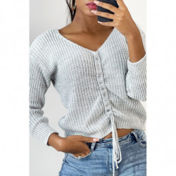 Pull gris col V avec lacet réglable à l'avant