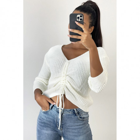 Pull blanc col V avec lacet réglable à l'avant