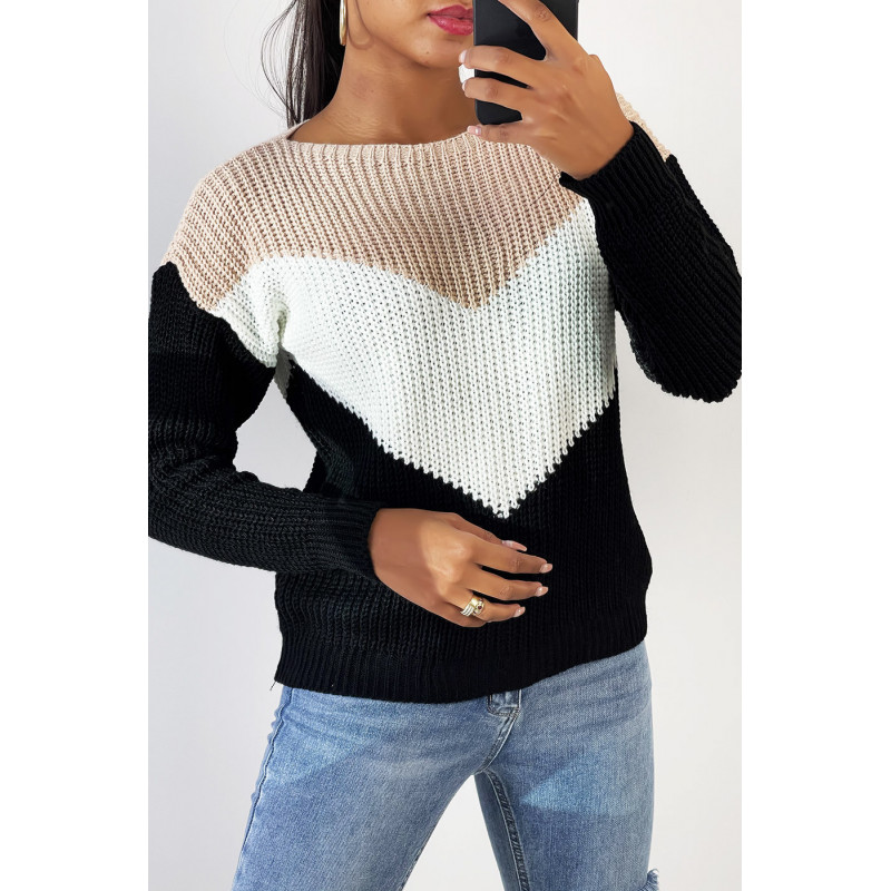 Pull tombant avec bande tri color et rose au buste