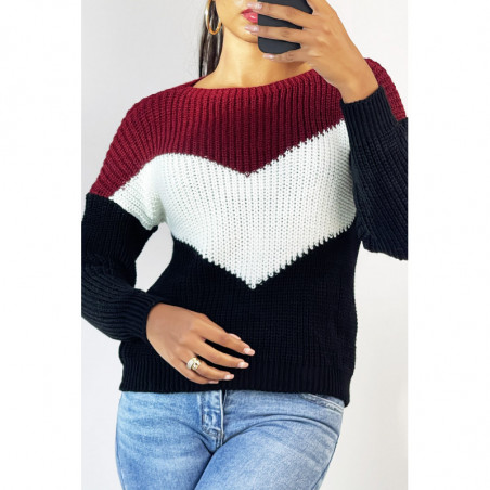 Pull tombant avec bande tri color et bordeaux au buste