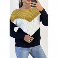 Pull tombant avec bande tri color et moutarde au buste