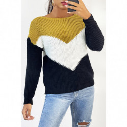 Pull tombant avec bande tri color et moutarde au buste