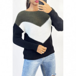 Pull tombant avec bande tri color et kaki au buste