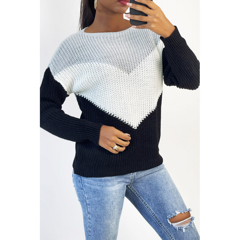 Pull tombant avec bande tri color et gris au buste