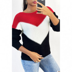 Pull tombant avec bande tri color et rouge au buste