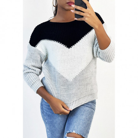 Pull tombant avec bande tri color et noir au buste