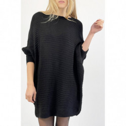 Robe pull noire ample mi-longue col rond