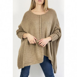 Pull long ample camel effet maille avec détail tresse au centre