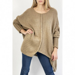 Pull long ample camel effet maille avec détail tresse au centre