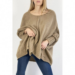 Pull long ample camel effet maille avec détail tresse au centre