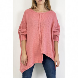 Pull long ample rose effet maille avec détail tresse au centre