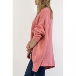 Pull long ample rose effet maille avec détail tresse au centre