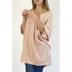 Pull rose long col V ample effet maille avec détail tricot de ligne en relief qui restructure la silhouette