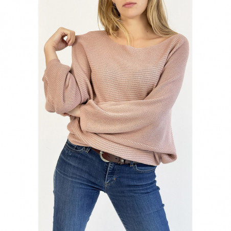 Pull long fluide ample en rose effet maille motif linéaire et manche  large effet chauve souris