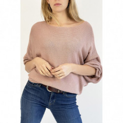 Pull long fluide ample en rose effet maille motif linéaire et manche  large effet chauve souris