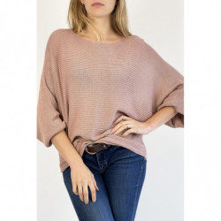 Pull long fluide ample en rose effet maille motif linéaire et manche  large effet chauve souris