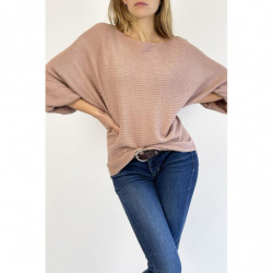 Pull long fluide ample en rose effet maille motif linéaire et manche  large effet chauve souris