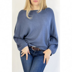 Pull long fluide ample en bleu violet effet maille motif linéaire et manche  large effet chauve souris