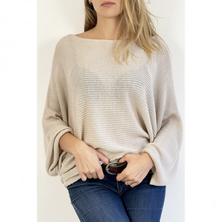 Pull long fluide ample en beige effet maille motif linéaire et manche  large effet chauve souris