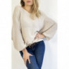 Pull long fluide ample en beige effet maille motif linéaire et manche  large effet chauve souris