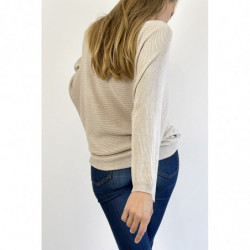 Pull long fluide ample en beige effet maille motif linéaire et manche  large effet chauve souris