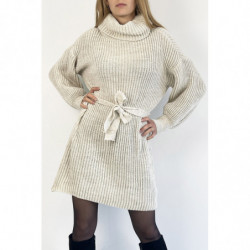 Robe pull beige col roulé effet maille avec ceinture à nouée confortable douce et féminine