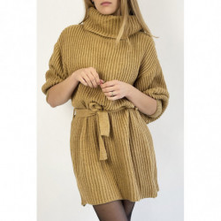 Robe pull camel col roulé effet maille avec ceinture à nouée confortable douce et féminine