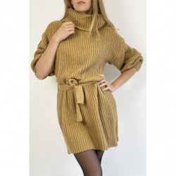 Robe pull camel col roulé effet maille avec ceinture à nouée confortable douce et féminine