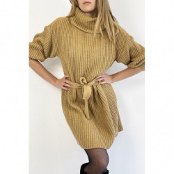 Robe pull camel col roulé effet maille avec ceinture à nouée confortable douce et féminine