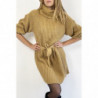 Robe pull camel col roulé effet maille avec ceinture à nouée confortable douce et féminine