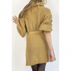 Robe pull camel col roulé effet maille avec ceinture à nouée confortable douce et féminine