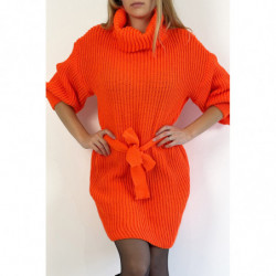 Robe pull orange col roulé effet maille avec ceinture à nouée confortable douce et féminine