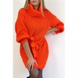 Robe pull orange col roulé effet maille avec ceinture à nouée confortable douce et féminine