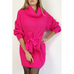 Robe pull fuchsia col roulé effet maille avec ceinture à nouée confortable douce et féminine