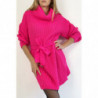 Robe pull fuchsia col roulé effet maille avec ceinture à nouée confortable douce et féminine