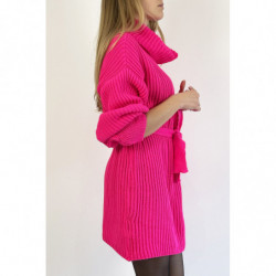 Robe pull fuchsia col roulé effet maille avec ceinture à nouée confortable douce et féminine