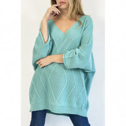 Pull turquoise long col V...