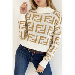 Pull blanc court doux col montant et à motif F miroir en camel hyper tendance coupure droite