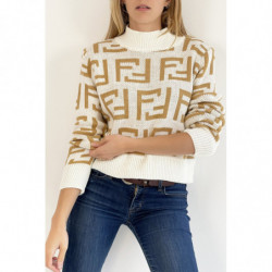 Pull blanc court doux col montant et à motif F miroir en camel hyper tendance coupure droite