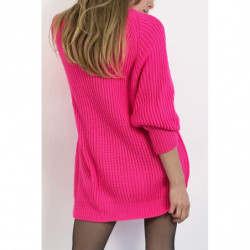 Robe pull fuchsia effet maille coupe droite manche bouffante et col montant