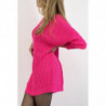 Robe pull fuchsia effet maille coupe droite manche bouffante et col montant