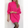 Robe pull fuchsia effet maille coupe droite manche bouffante et col montant