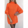 Robe pull orange effet maille coupe droite manche bouffante et col montant