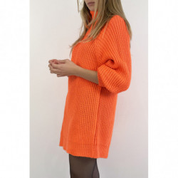 Robe pull orange effet maille coupe droite manche bouffante et col montant