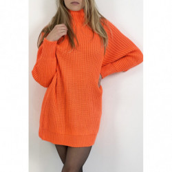 Robe pull orange effet maille coupe droite manche bouffante et col montant