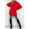 Robe pull rouge effet maille coupe droite manche bouffante et col montant