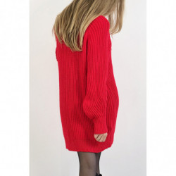 Robe pull rouge effet maille coupe droite manche bouffante et col montant