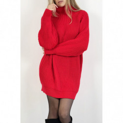 Robe pull rouge effet maille coupe droite manche bouffante et col montant